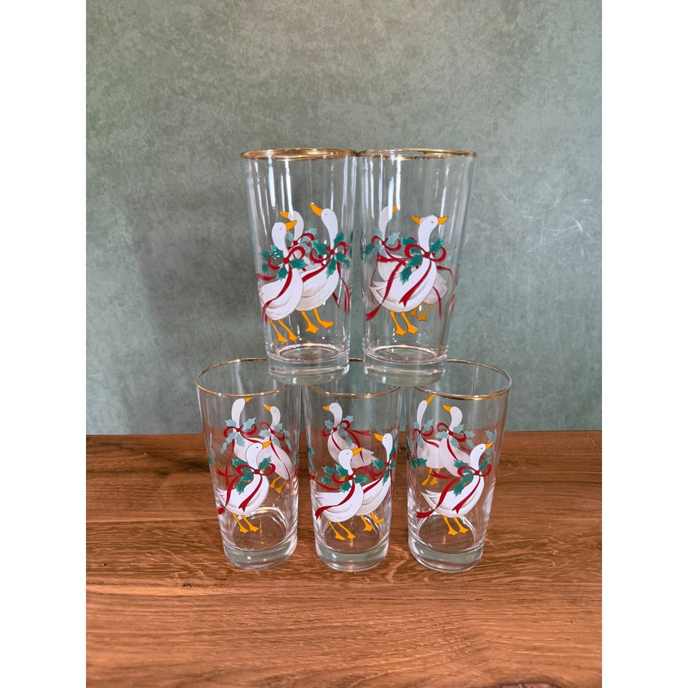 Mikasa Christmas Geese Highball Glasses Gold Rim Holiday Set of 5 Vintage